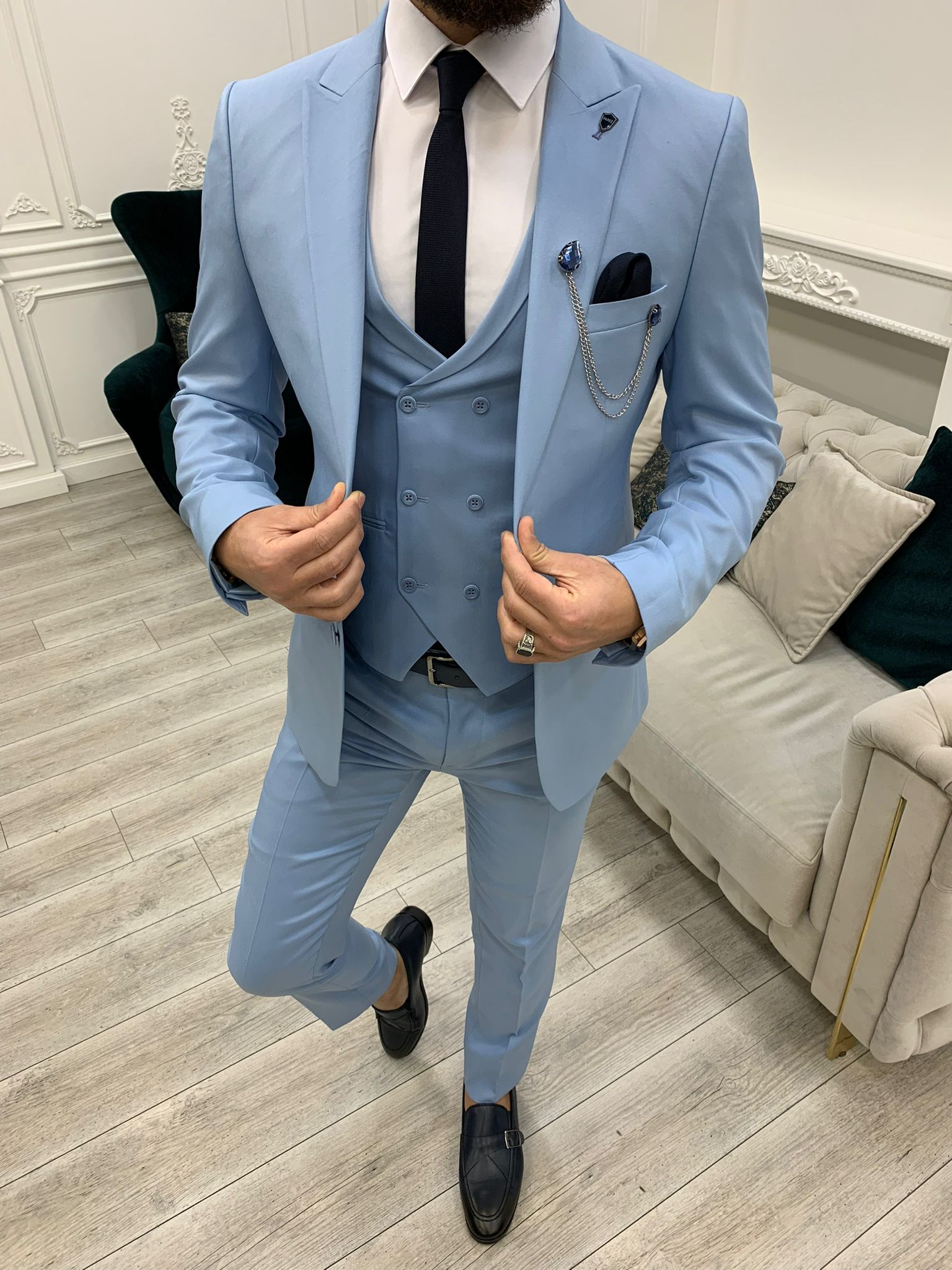 2022 Tailored Men Coat Pant Casual Double Breasted Men Slim Fit Suit Sky  Blue Tuxedo Groom Blazer Wedding Suit Terno Mas