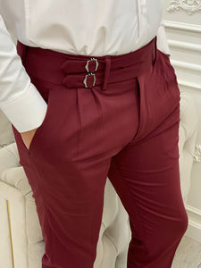 Harringate Slim Fit Double Buckled Burgundy Pants