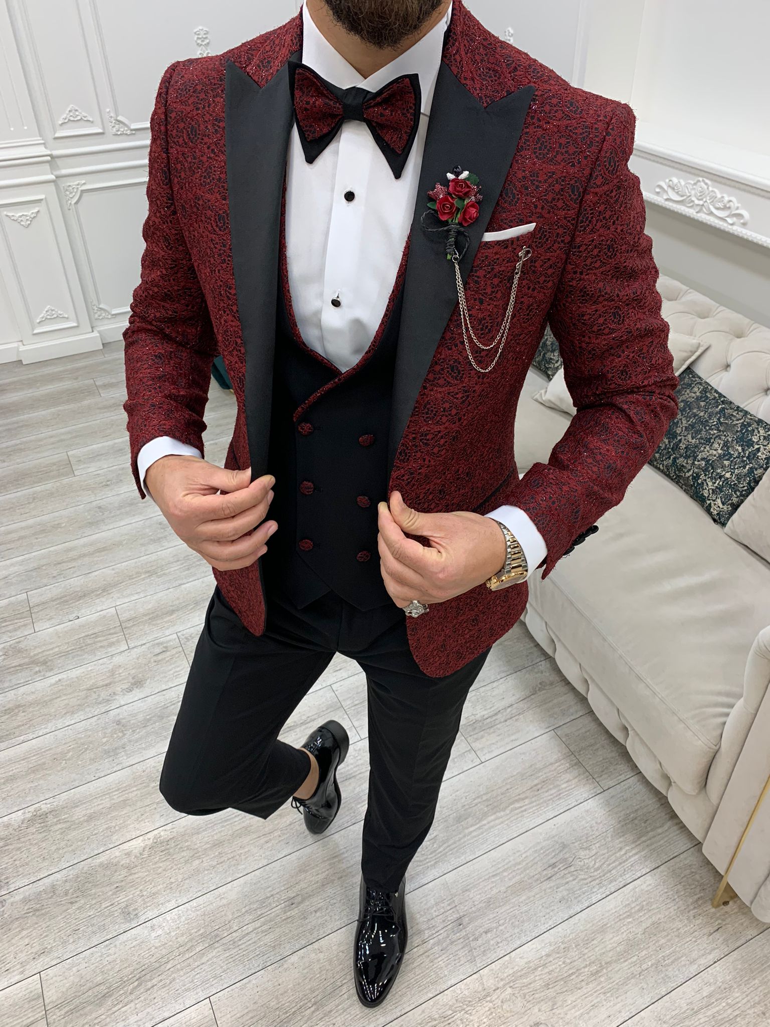 Mens Marc Darcy Velvet Paisley Burgundy Fit 3 Piece Suit Tuxedo Dinner  Jacket Wedding: Buy Online - Happy Gentleman United States