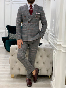 Luxe Slim Fit Double Breasted Plaid Pink Suit