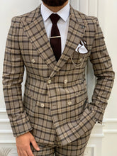 이미지를 갤러리 뷰어에 로드 , Luxe Slim Fit Doube Breasted Plaid Coffee Suit
