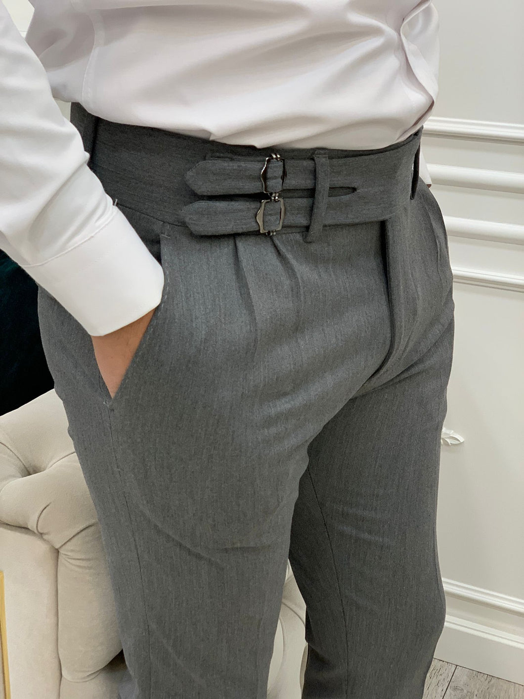 Harringate Slim Fit Double Buckled Gray Pants