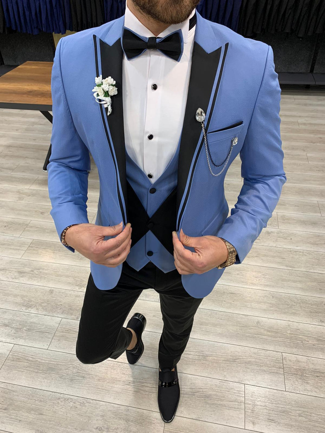 Harrison Baby Blue Pointed Collared Tuxedo