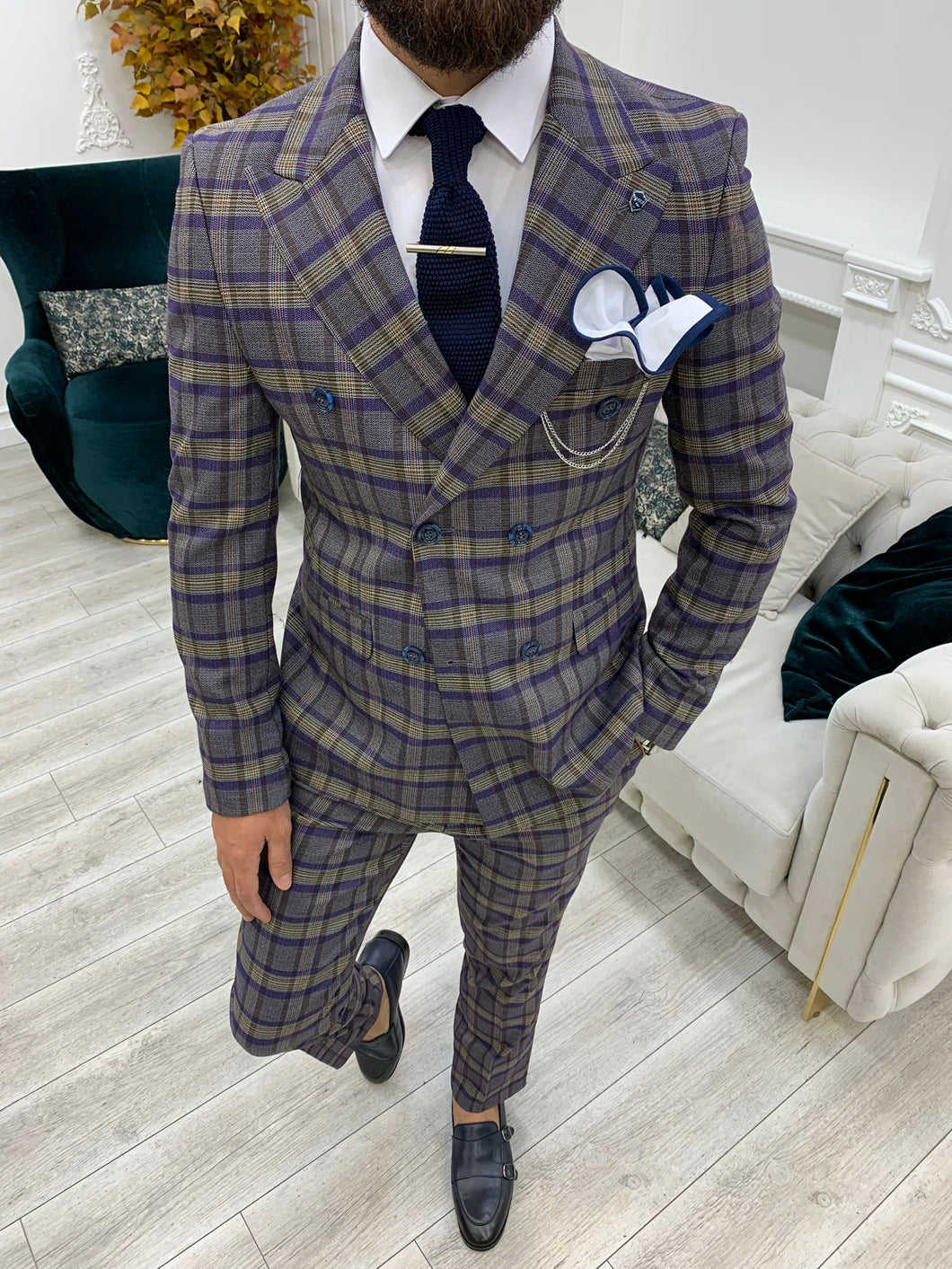 Luxe Slim Fit Double Breasted Plaid Purple Suit