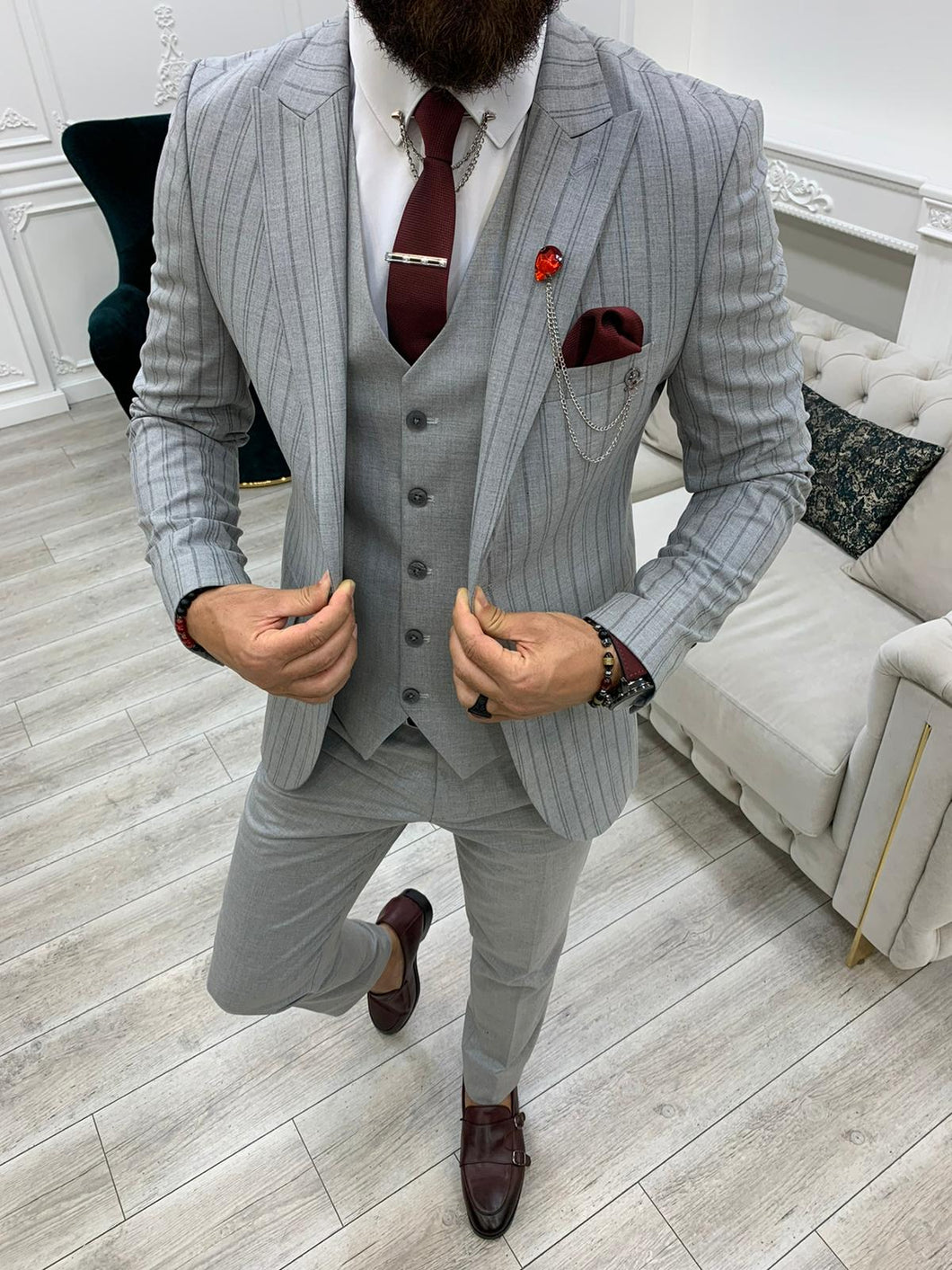 Amazon.com: Men Dark Grey Striped Suit Double Breasted Blazer Groom Tuxedo  Prom Leisure Business Wedding Wear 2 Pieces Suit : Clothing, Shoes & Jewelry