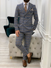 Charger l&#39;image dans la galerie, Luxe Slim Fit Double Breasted Deep Blue Plaid Suit
