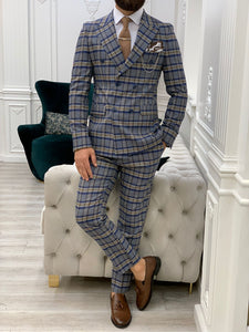 Luxe Slim Fit Double Breasted Deep Blue Plaid Suit