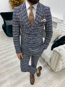 Luxe Slim Fit Double Breasted Deep Blue Plaid Suit