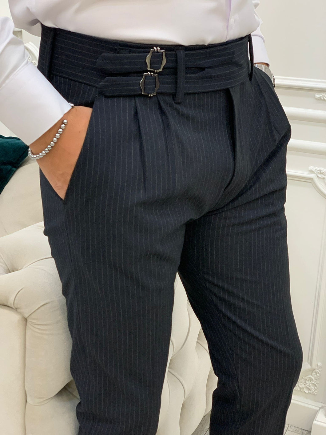 Kyle Slim Fit Striped Black Double Pleated Pants