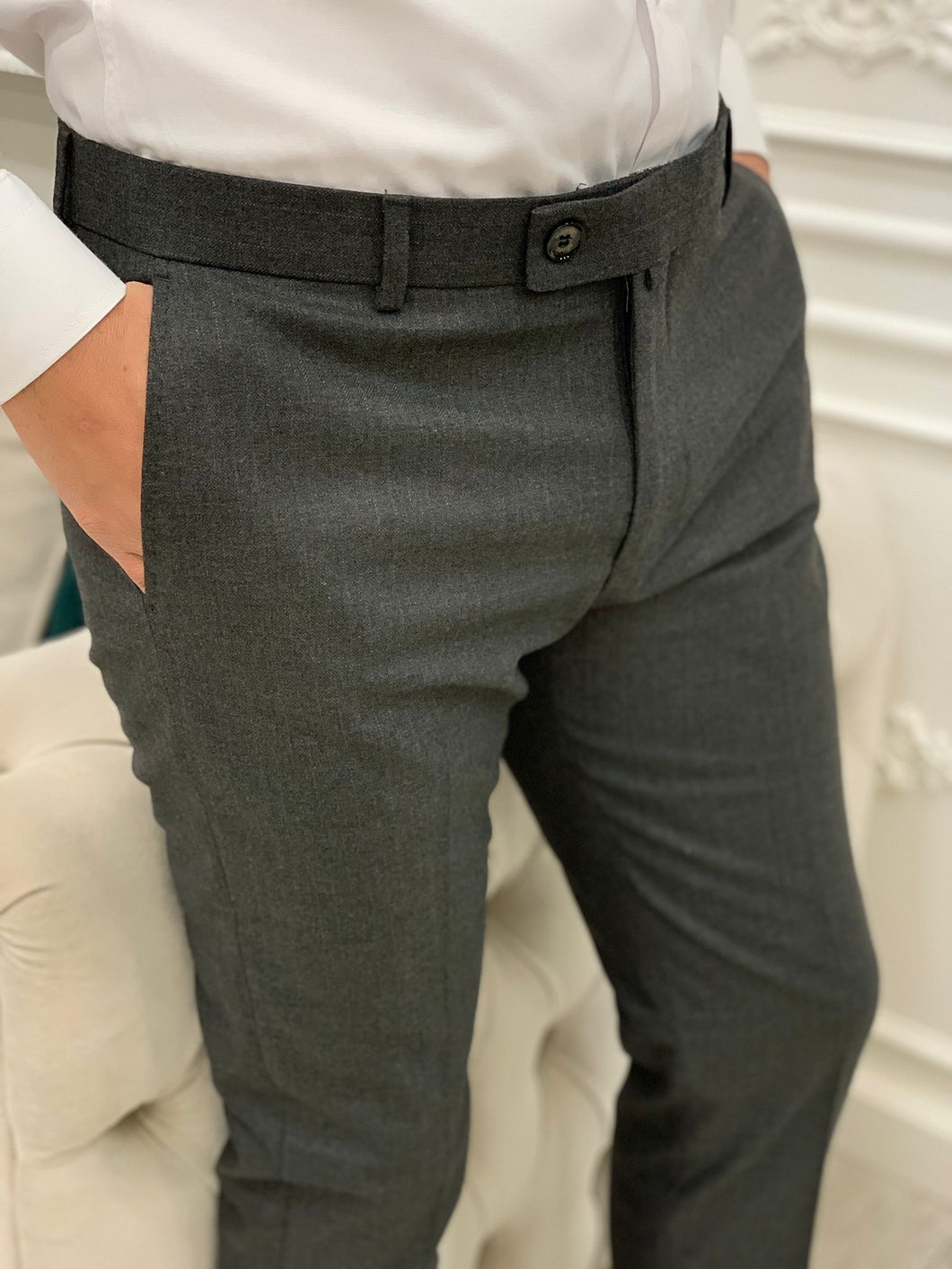 Men tailored fit Bootleg pants-Thakhek, Sharkskin Dark Grey| Mytailorstore