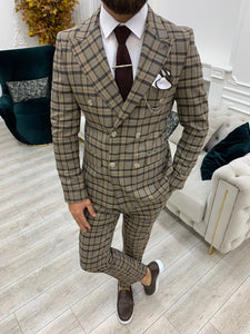 Luxe Slim Fit Doube Breasted Plaid Coffee Suit