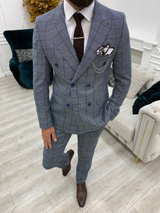 Luxe Slim Fit Double Breasted Plaid Ice Blue Suit