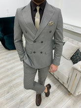 Charger l&#39;image dans la galerie, Fred Slim Fit Double Breasted Milk Coffee Striped Suit
