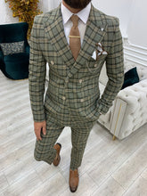 Load image into Gallery viewer, Luxe Slim Fit Double Breasted Khaki Plaid Suit

