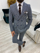 Load image into Gallery viewer, Luxe Slim Fit Double Breasted Plaid Ice Blue Suit
