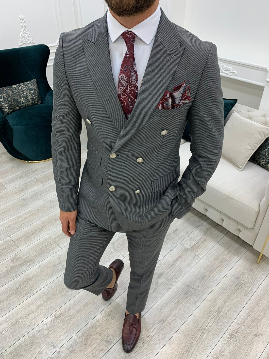 Vince Slim Fit Double Breasted Grey Suit