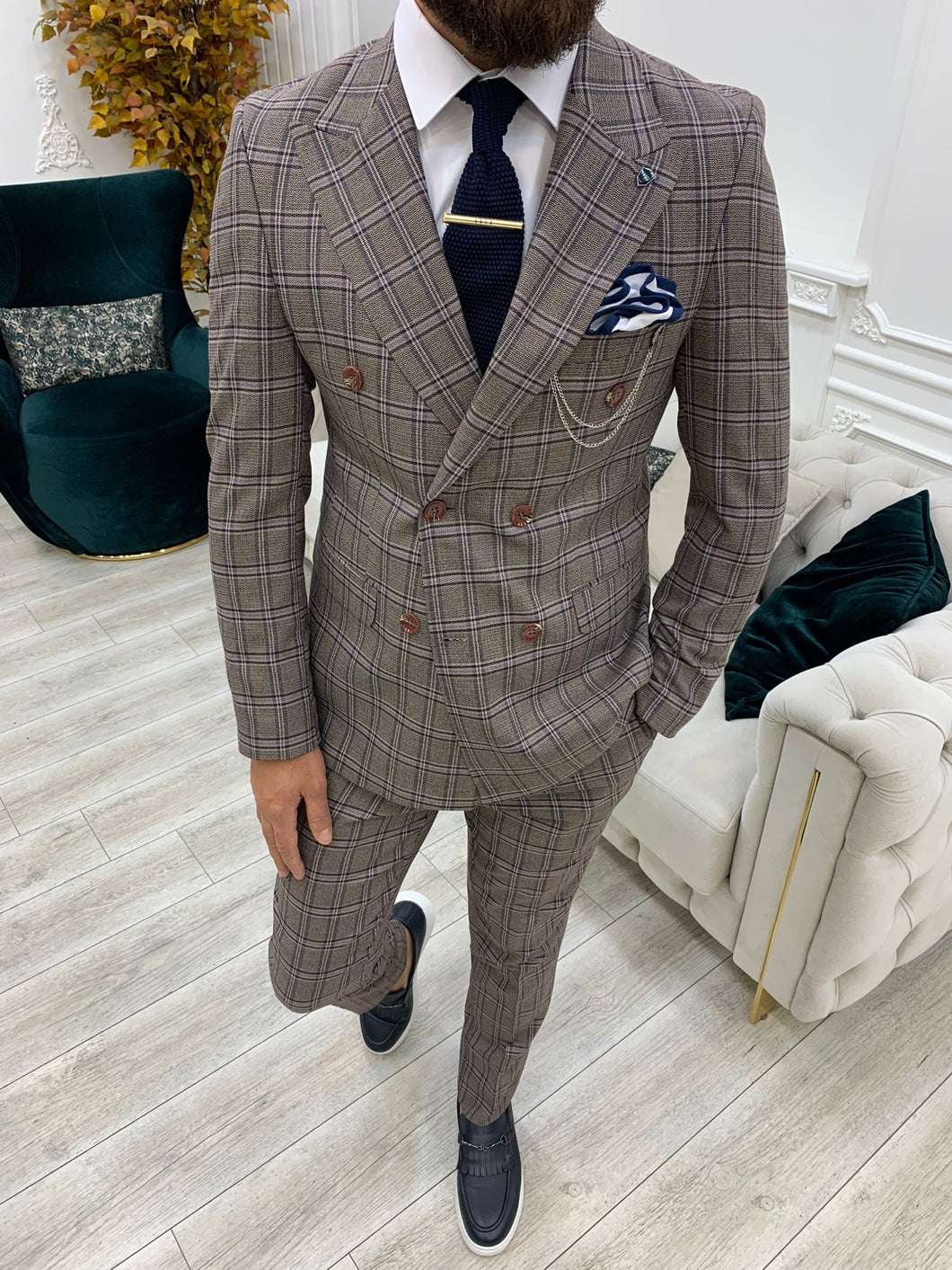Luxe Slim Fit Double Breasted Cherry Plaid Suit