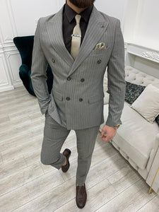 Fred Slim Fit Double Breasted Milk Coffee Striped Suit