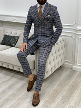 Laden Sie das Bild in den Galerie-Viewer, Luxe Slim Fit Double Breasted Deep Blue Plaid Suit
