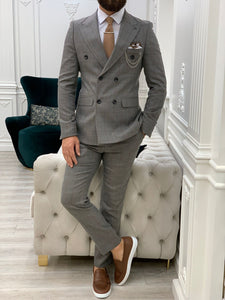 Luxe Slim Fit Plaid Light Grey Double Breasted Suit