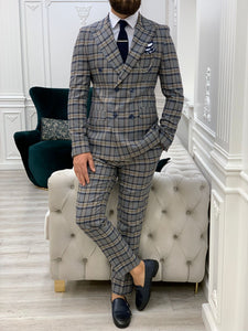 Luxe Slim Fit Double Breasted Plaid Navy Blue Suit