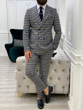 Charger l&#39;image dans la galerie, Luxe Slim Fit Double Breasted Plaid Navy Blue Suit

