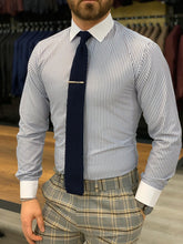 Charger l&#39;image dans la galerie, Lance Stripe Navy Blue Slim Fit Shirt
