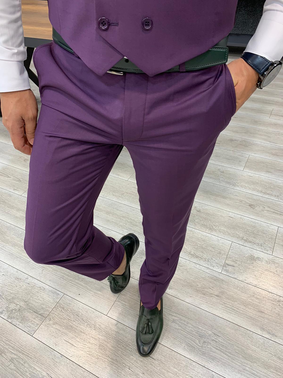 Purple Mid Rise Check Linen Trousers