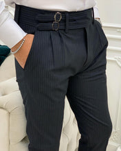 이미지를 갤러리 뷰어에 로드 , Kyle Slim Fit Striped Black Double Pleated Pants

