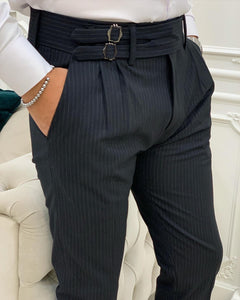 Kyle Slim Fit Striped Black Double Pleated Pants