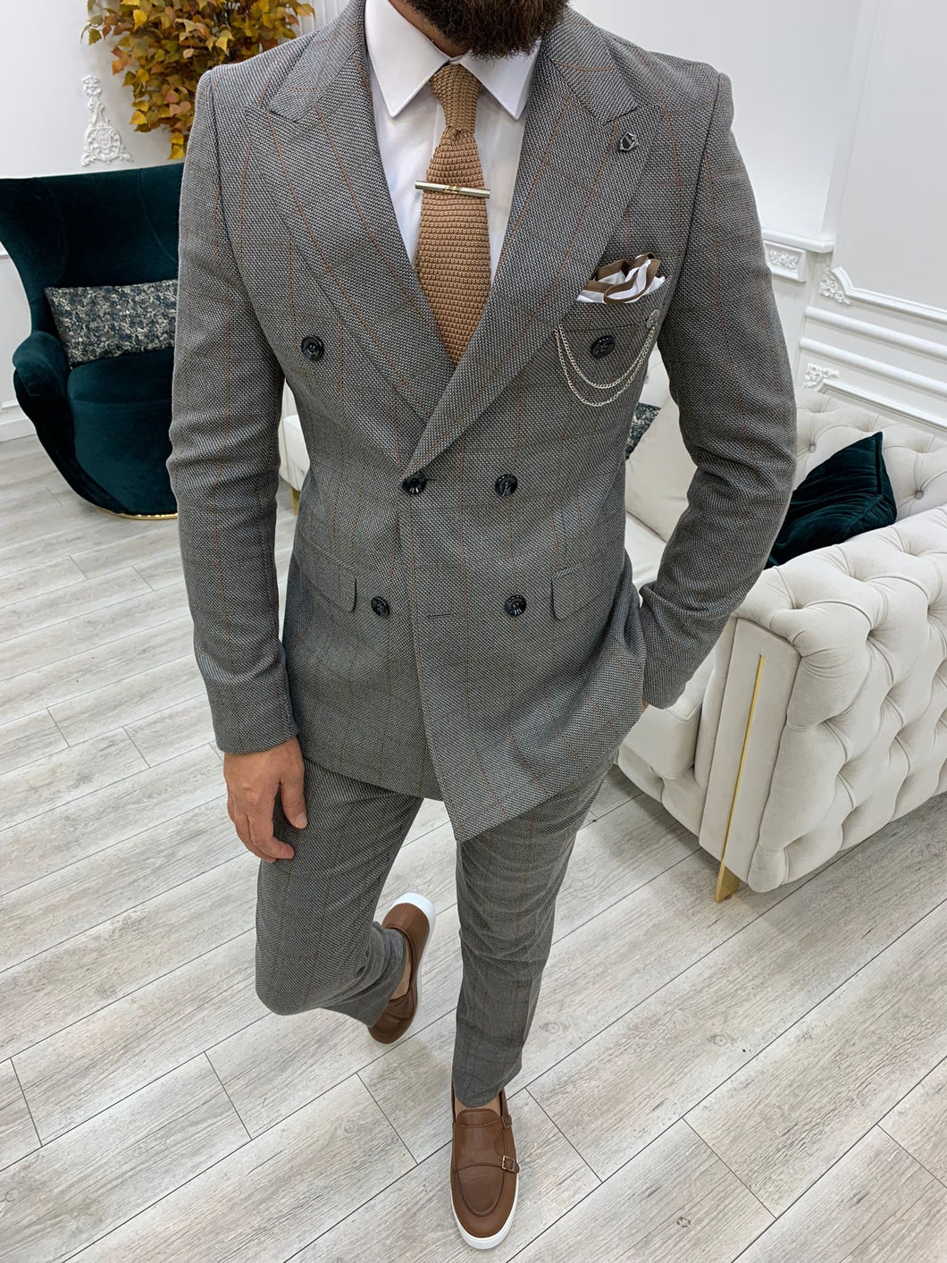 Luxe Slim Fit Plaid Light Grey Double Breasted Suit