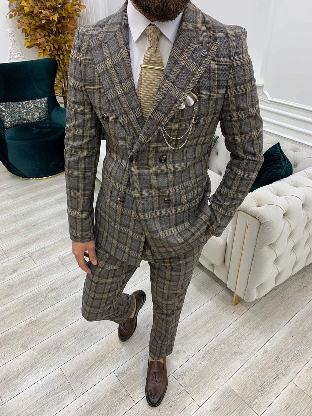 Luxe Slim Fit Plaid Coffee Double Breasted Suit