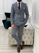 Charger l&#39;image dans la galerie, Luxe Slim Fit Double Breasted Plaid Ice Blue Suit
