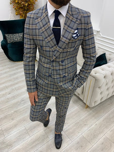Luxe Slim Fit Double Breasted Plaid Navy Blue Suit