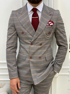 Luxe Slim Fit Double Breasted Plaid Orange Suit