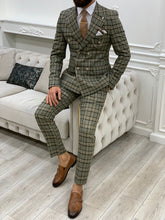 Laden Sie das Bild in den Galerie-Viewer, Luxe Slim Fit Double Breasted Khaki Plaid Suit
