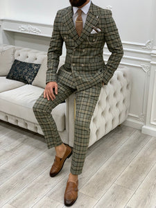 Luxe Slim Fit Double Breasted Khaki Plaid Suit