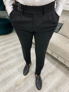 Harringate Slim Fit Double Buckled Black Pants