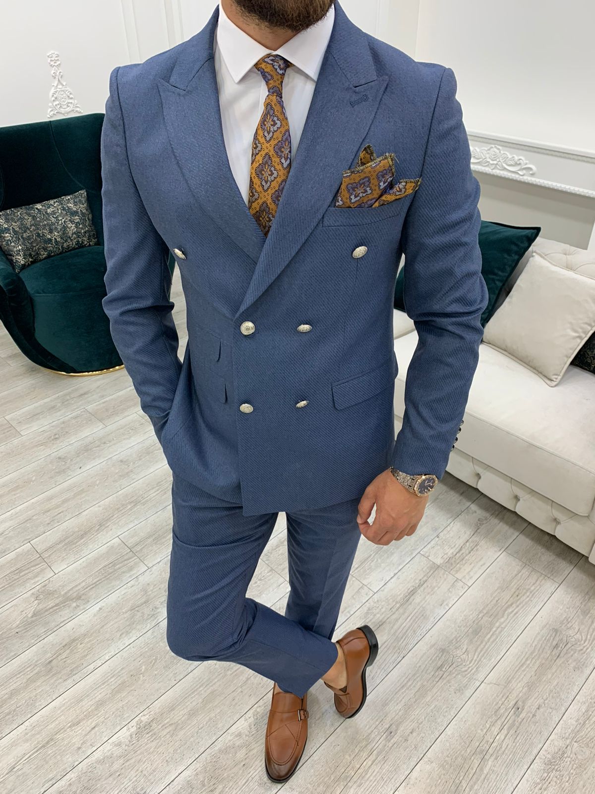 Double Breasted Slim Fit Navy Blue Men Suit