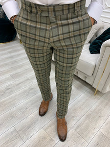 Luxe Slim Fit Double Breasted Khaki Plaid Suit