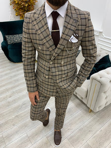 Luxe Slim Fit Doube Breasted Plaid Coffee Suit