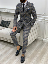 Charger l&#39;image dans la galerie, Luxe Slim Fit Double Breasted Plaid Navy Blue Suit
