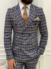 이미지를 갤러리 뷰어에 로드 , Luxe Slim Fit Double Breasted Deep Blue Plaid Suit
