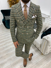 画像をギャラリービューアに読み込む, Luxe Slim Fit Double Breasted Khaki Plaid Suit
