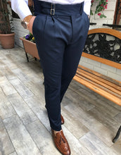 Load image into Gallery viewer, Perry Navy Blue Double Pleated Slim Fit Trouser
