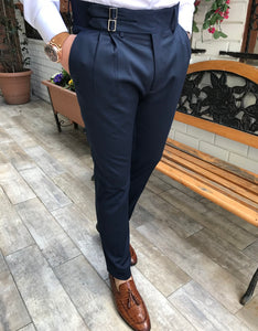 Perry Navy Blue Double Pleated Slim Fit Trouser
