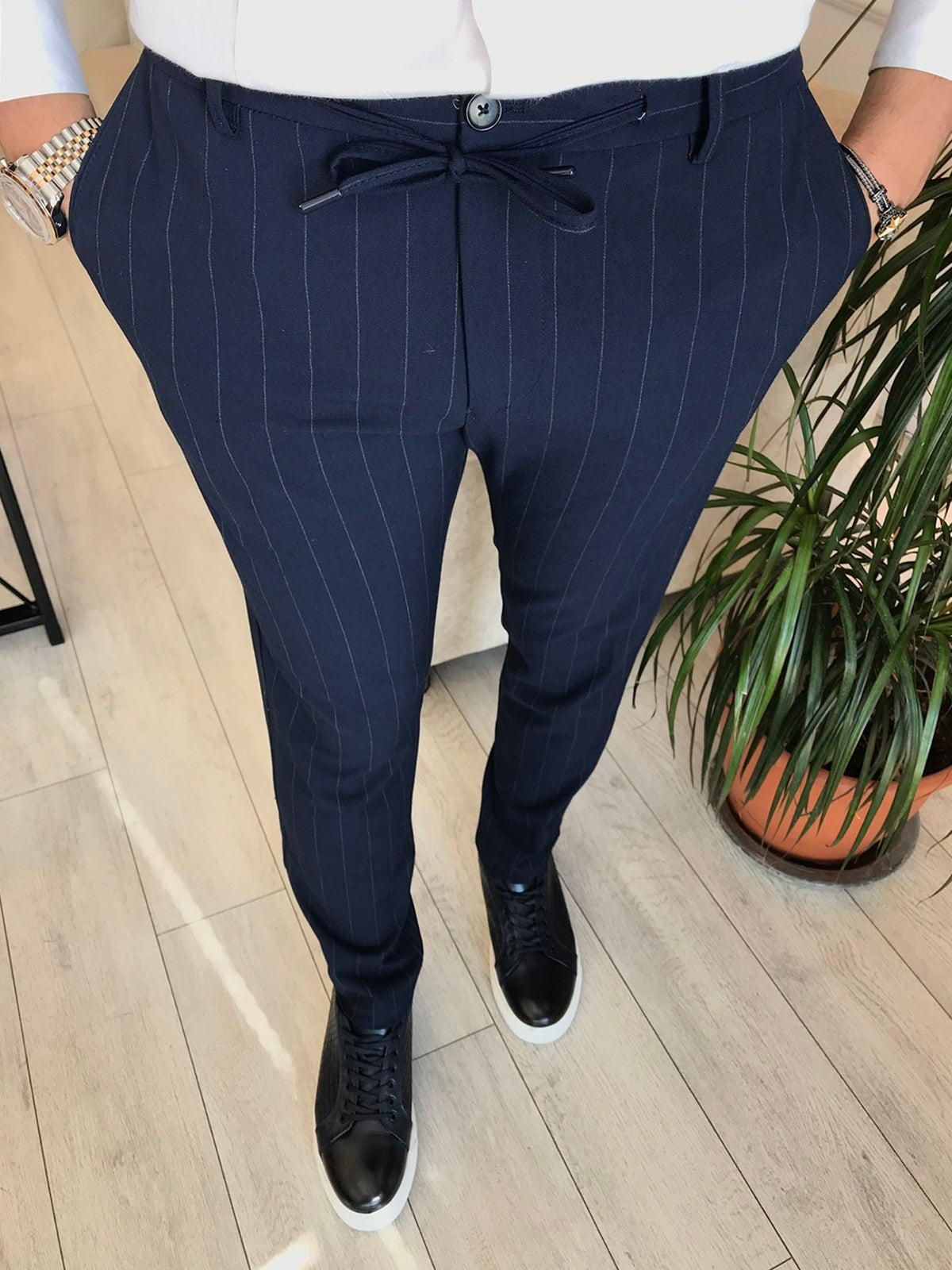 Perry Slim Fit Navy Blue Striped Pants  MenSuitsPage