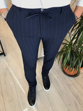 Load image into Gallery viewer, Perry Slim Fit Navy Blue Striped Pants
