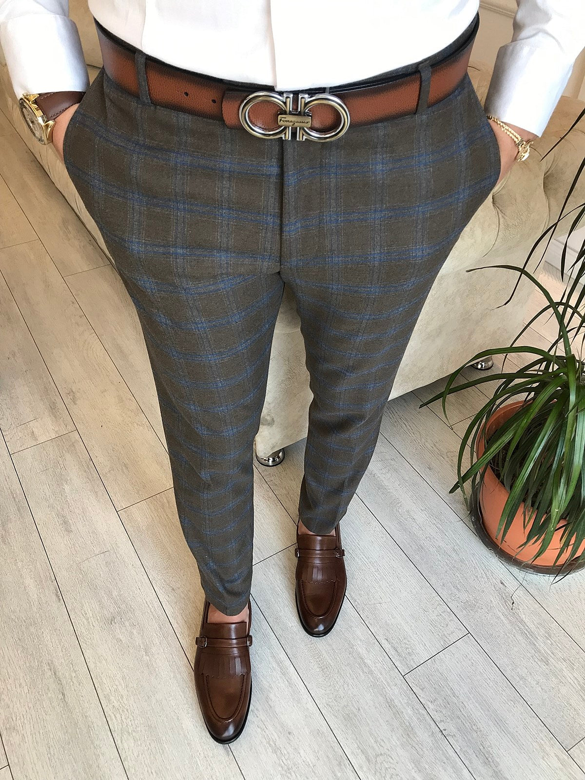 Men's Brown Plaid Linen Tailored Suit Pants